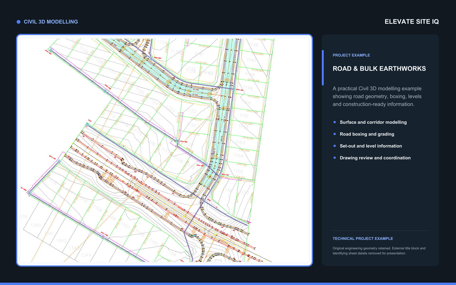 Civil 3D road and bulk earthworks model showing road geometry, boxing and grading