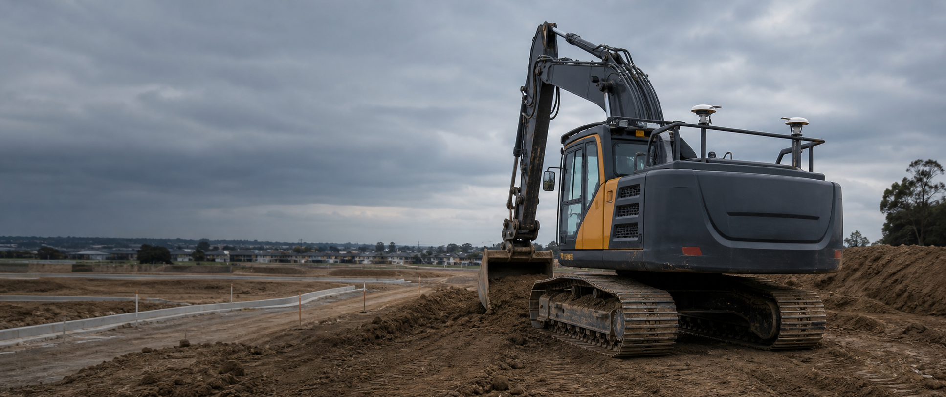 Excavator operating with GNSS machine-control equipment on a civil construction site