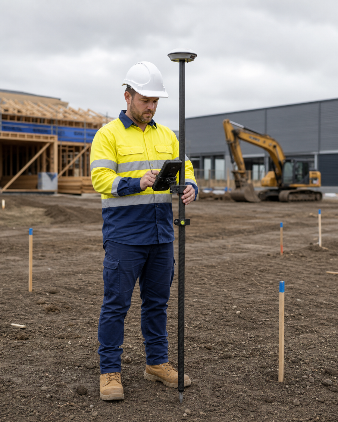 Construction surveyor using a GNSS rover for set-out on a Melbourne site
