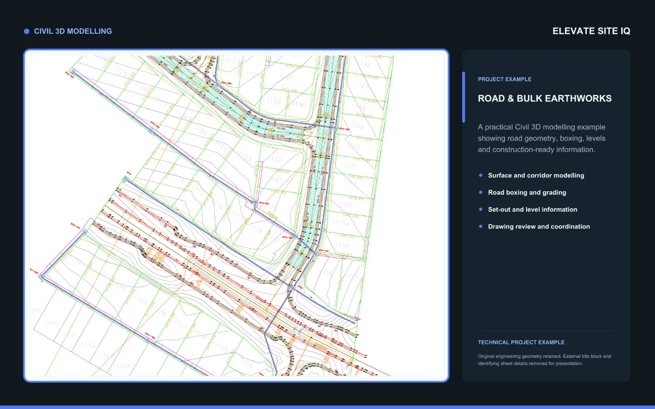Civil 3D road and bulk earthworks model showing road geometry, boxing and grading
